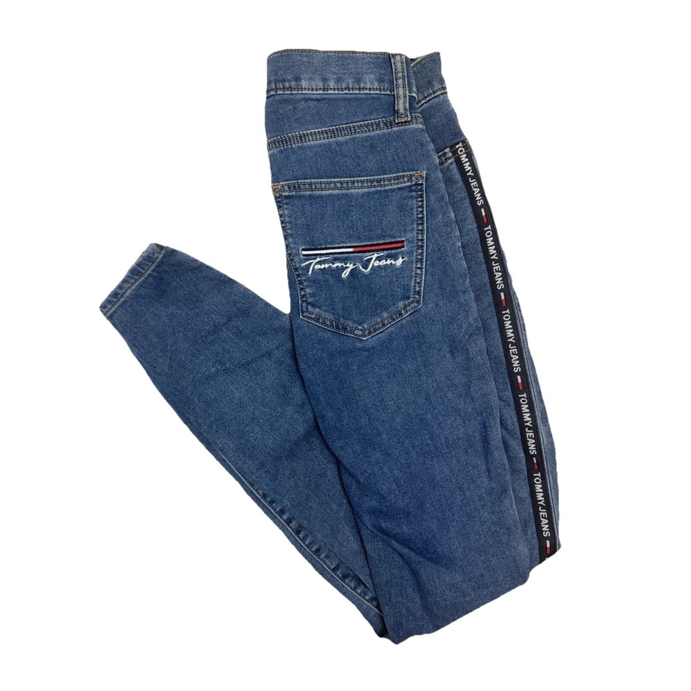 Y2K Tommy Hilfiger Jeans Logo Tape Side Stripe High-Waisted Skinny Fit 90s Sz 25